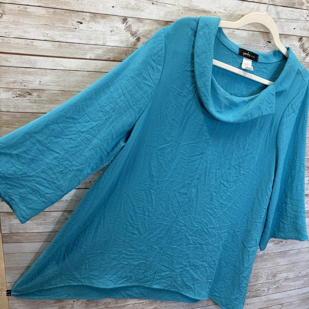 Vtg 90s Yushi Womens L Tunic Top Turquoise Cowl Neck  3/4 Sleeve Lagenlook Boho - Picture 3 of 7